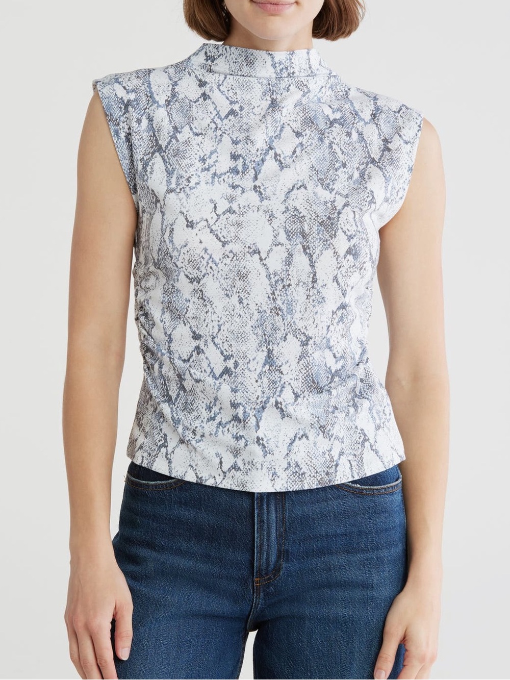 Sleeveless ruched mock neck top